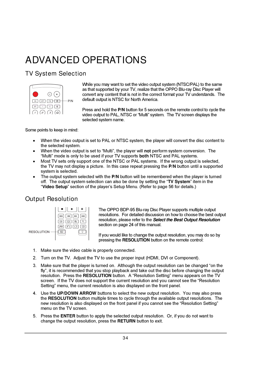 OPPO Digital BDP-95 user manual TV System Selection, Output Resolution 