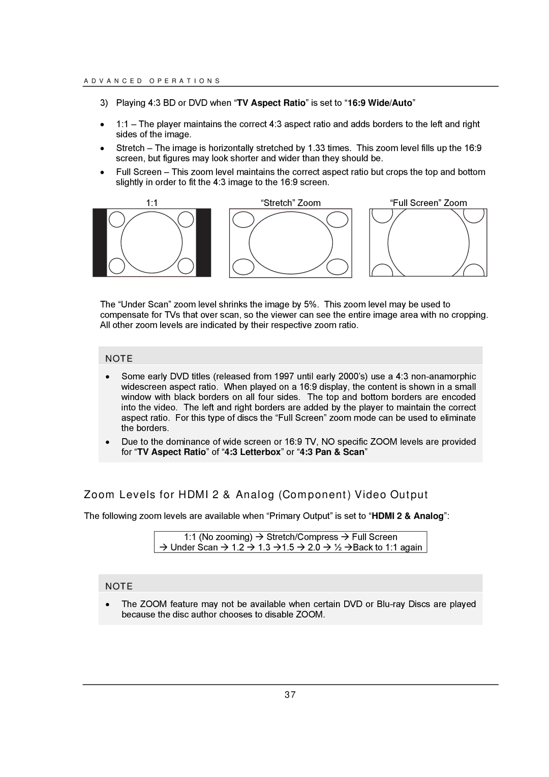 OPPO Digital BDP-95 user manual Zoom Levels for Hdmi 2 & Analog Component Video Output 