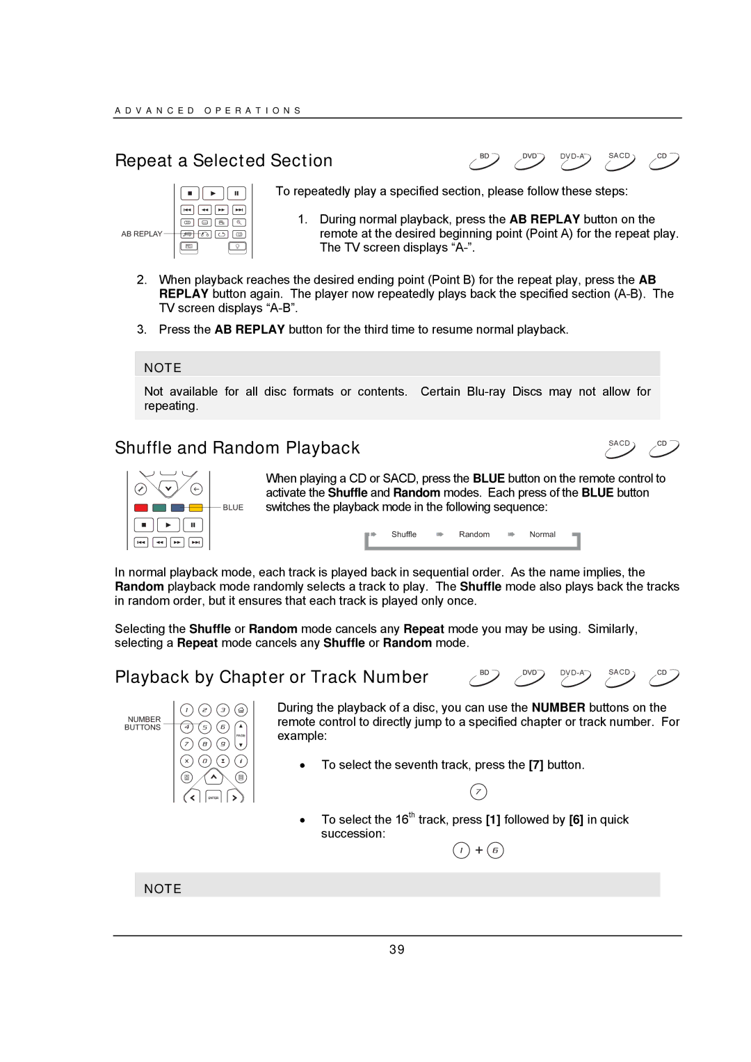 OPPO Digital BDP-95 user manual Repeat a Selected Section, Playback by Chapter or Track Number 