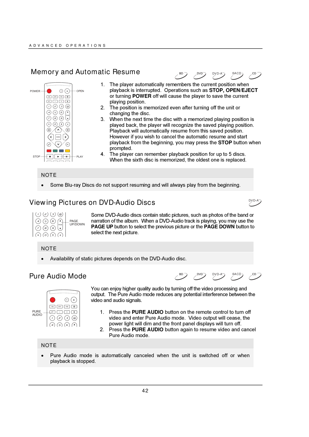 OPPO Digital BDP-95 user manual Memory and Automatic Resume, Viewing Pictures on DVD-Audio Discs, Pure Audio Mode 