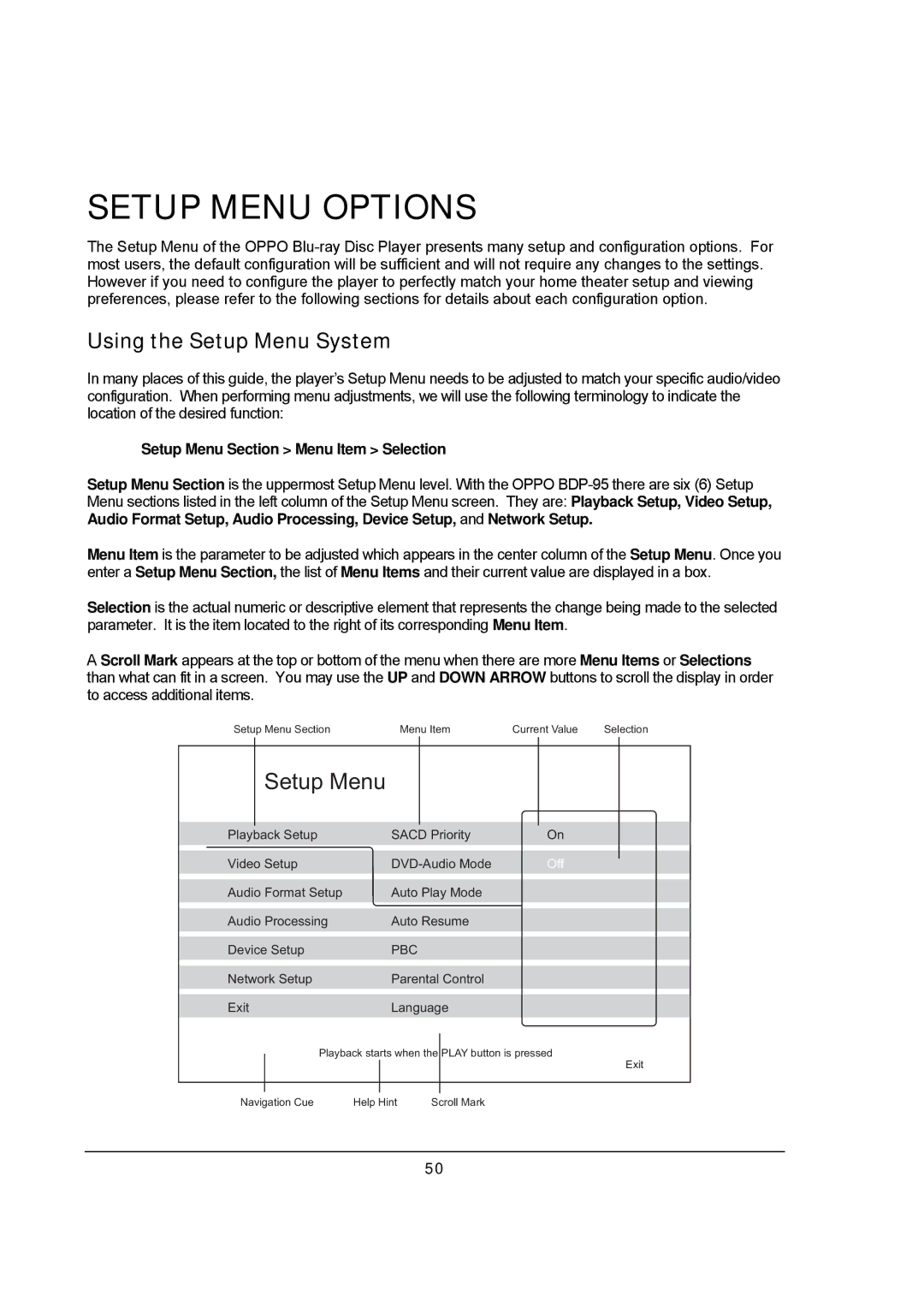 OPPO Digital BDP-95 user manual Setup Menu Options, Using the Setup Menu System 