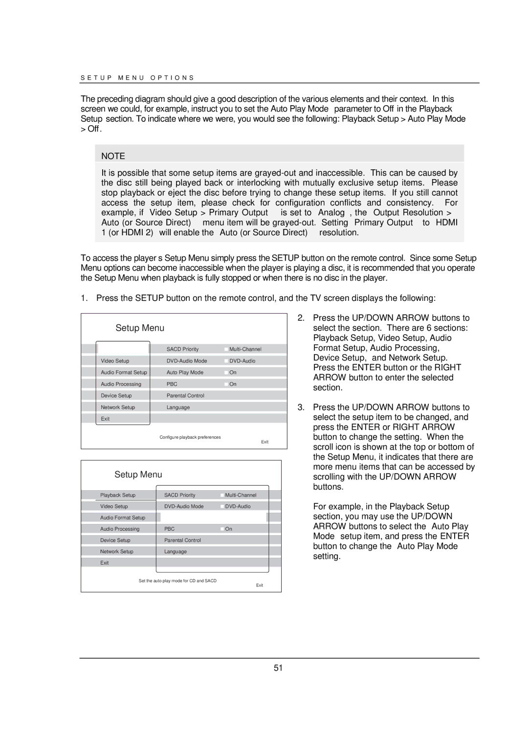 OPPO Digital BDP-95 user manual Playback Setup, Auto Play Mode 