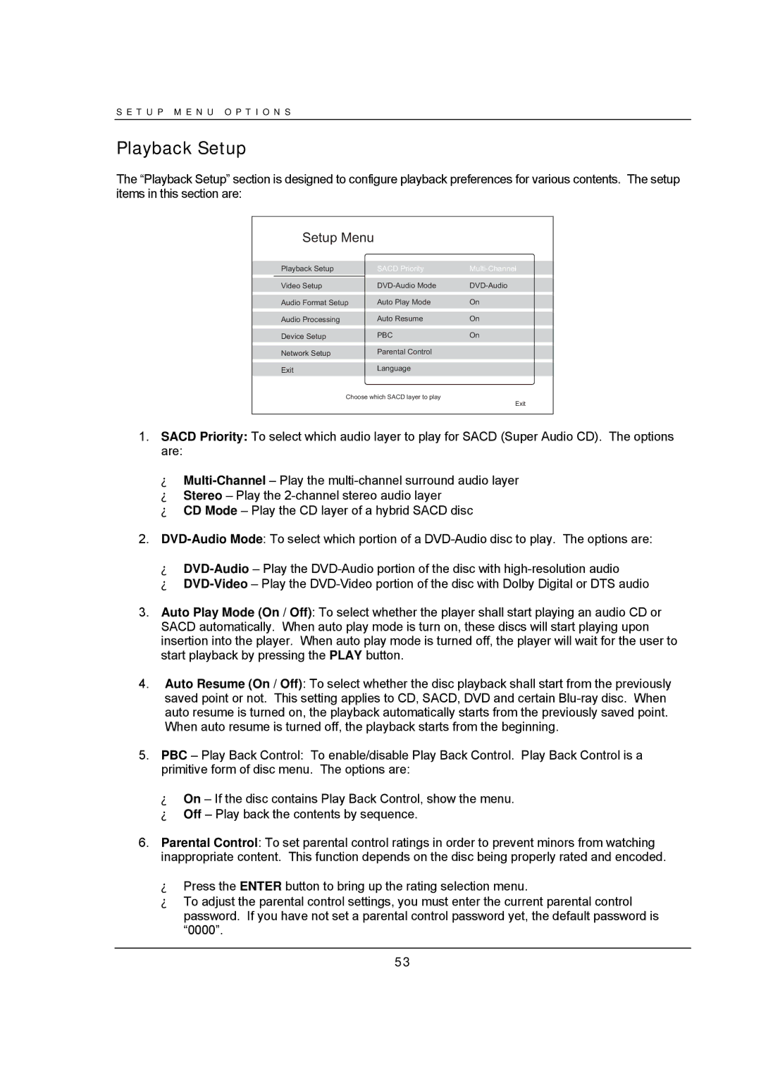 OPPO Digital BDP-95 user manual Playback Setup, Sacd Priority Multi-Channel 