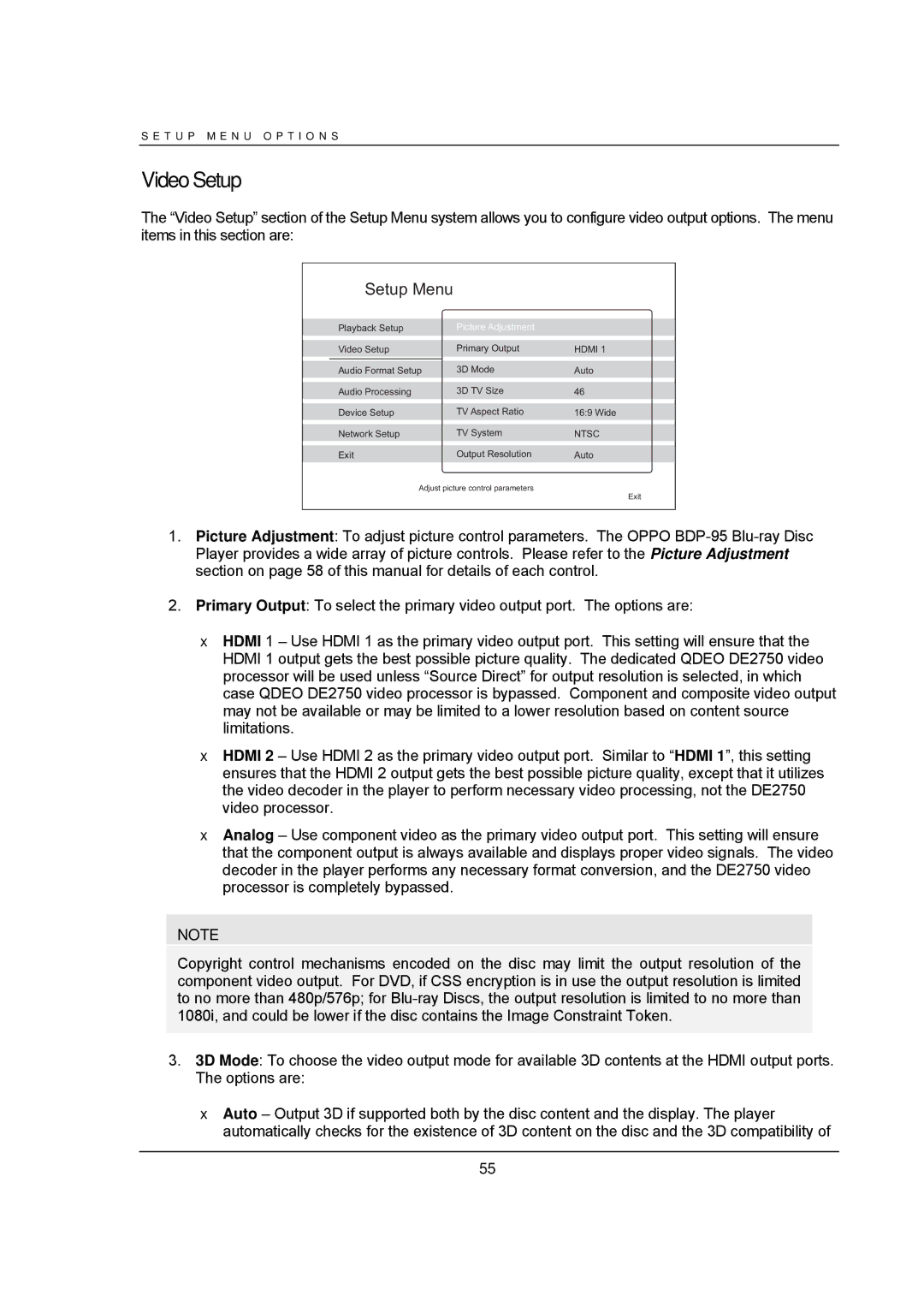 OPPO Digital BDP-95 user manual Video Setup, Picture Adjustment 