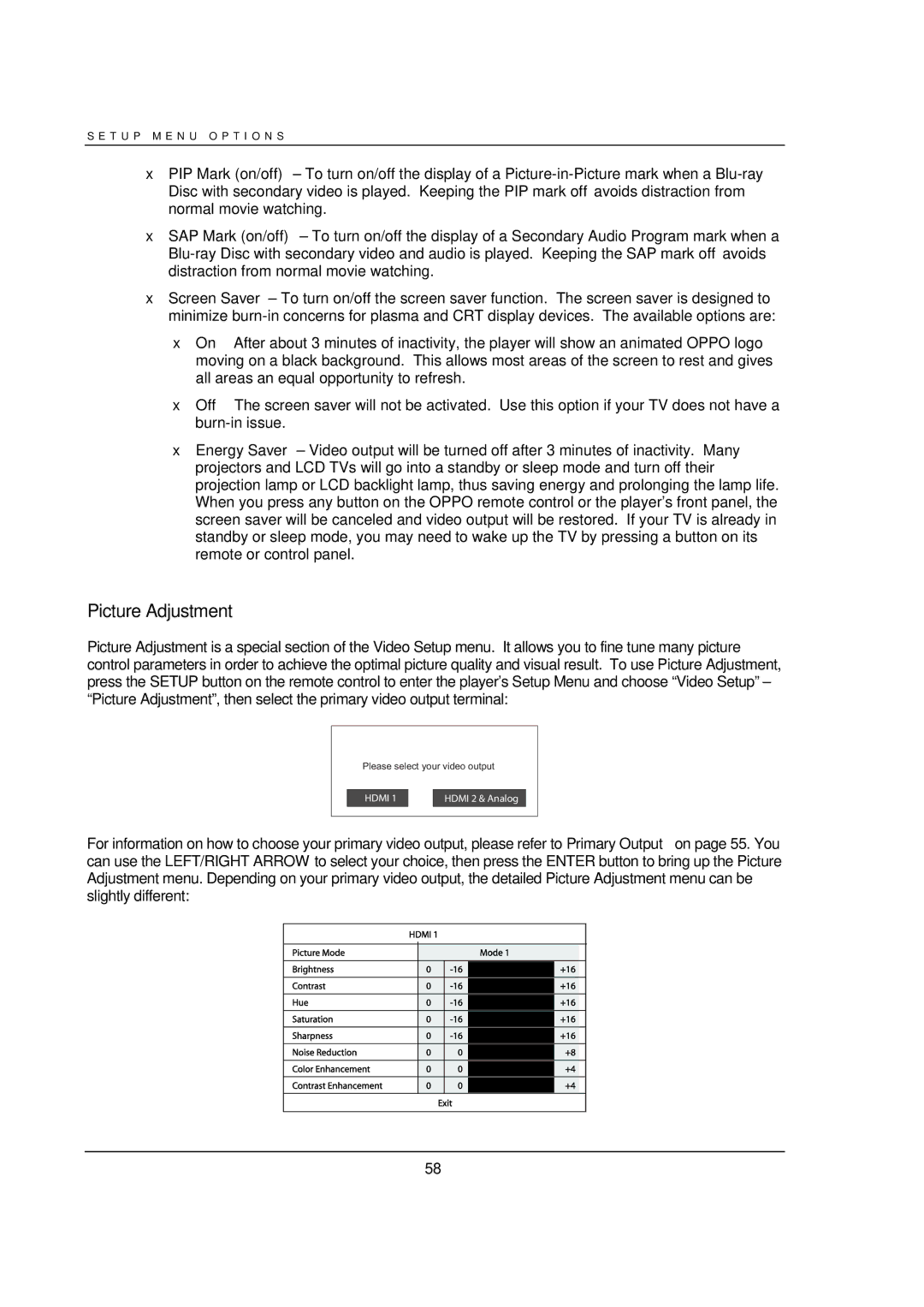 OPPO Digital BDP-95 user manual Picture Adjustment, Hdmi 2 & Analog 