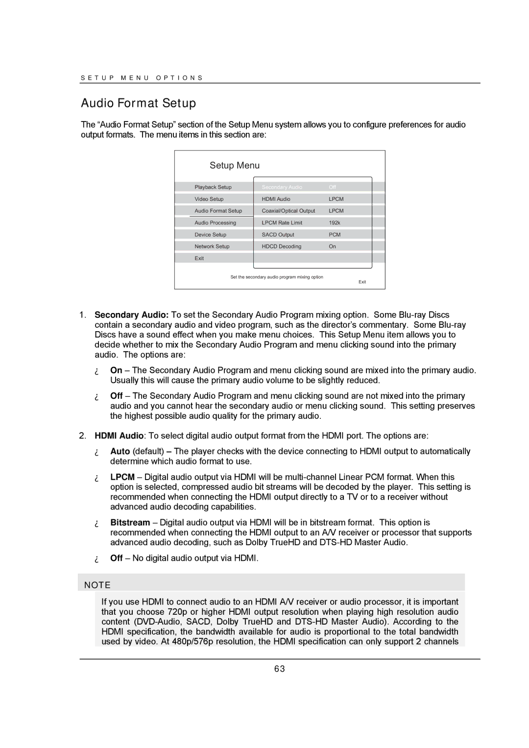 OPPO Digital BDP-95 user manual Audio Format Setup, Secondary Audio Off 