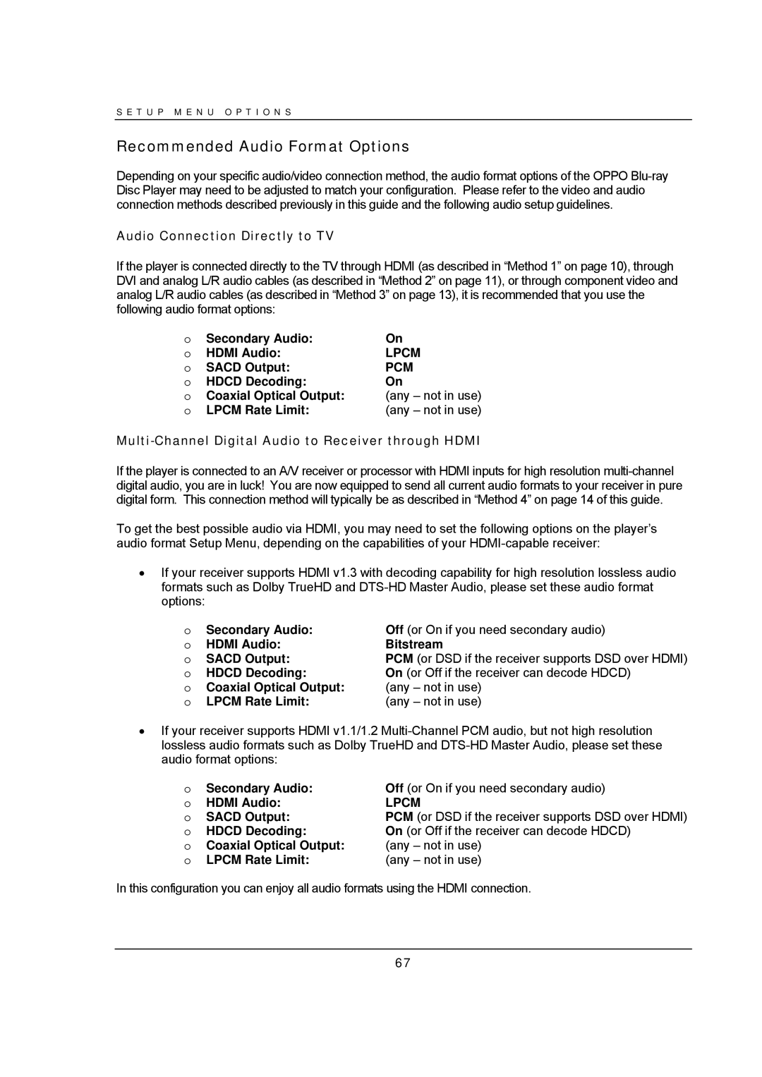 OPPO Digital BDP-95 user manual Recommended Audio Format Options, Audio Connection Directly to TV 