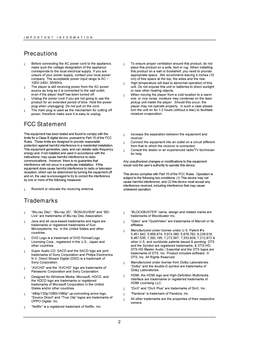 OPPO Digital BDP-95 user manual Precautions, FCC Statement, Trademarks 