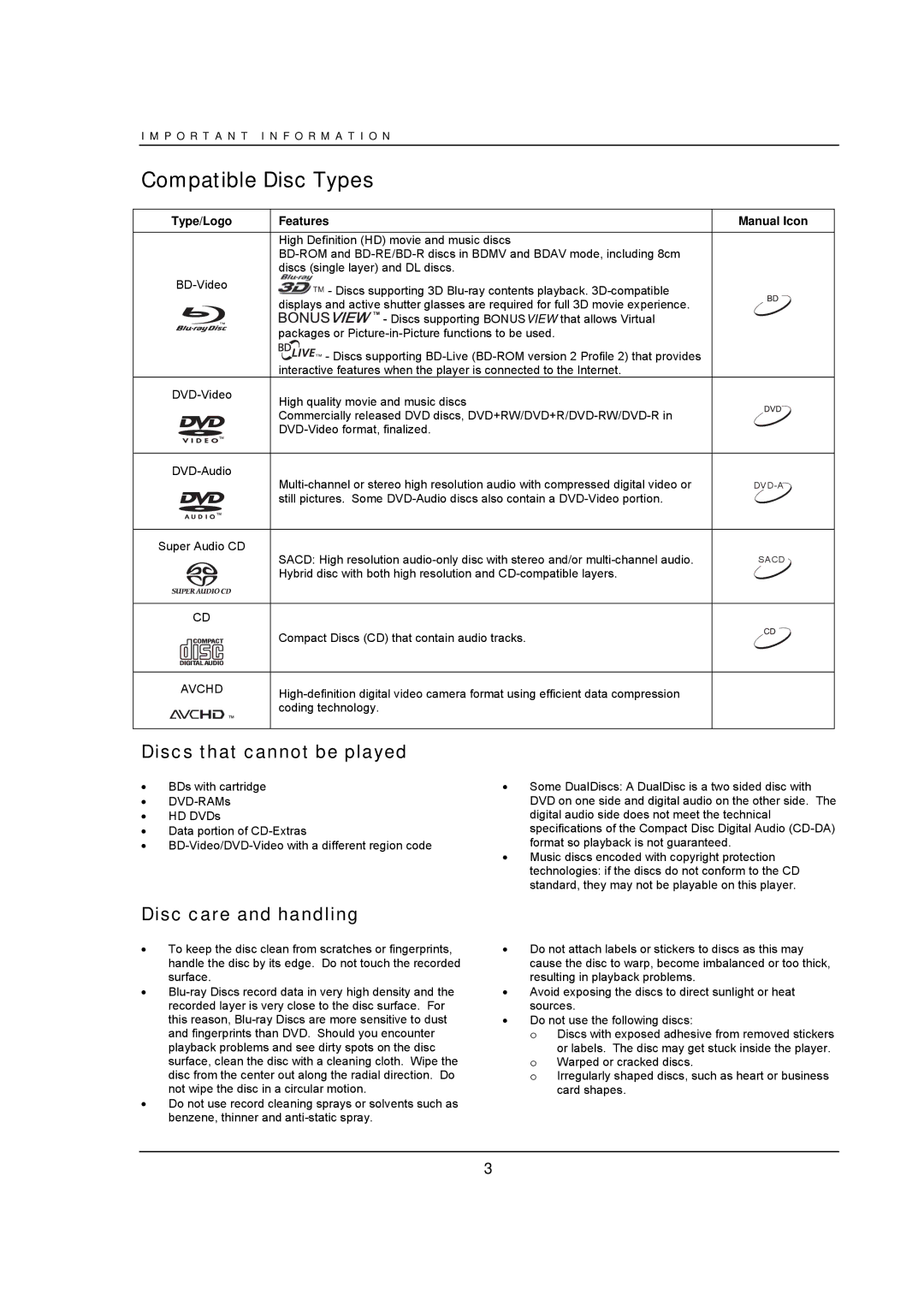 OPPO Digital BDP-95 user manual Compatible Disc Types, Discs that cannot be played, Disc care and handling 