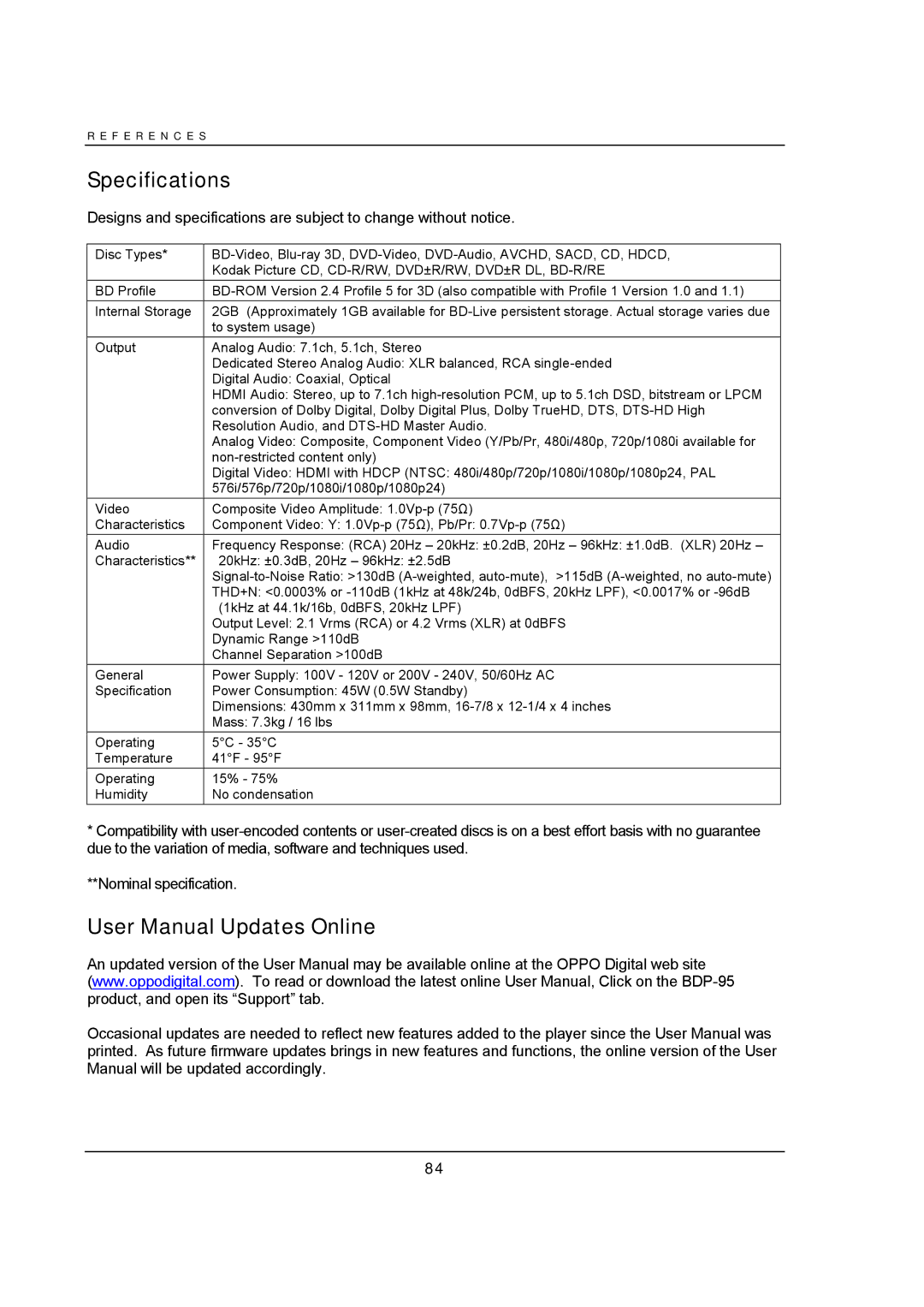 OPPO Digital BDP-95 user manual Specifications 