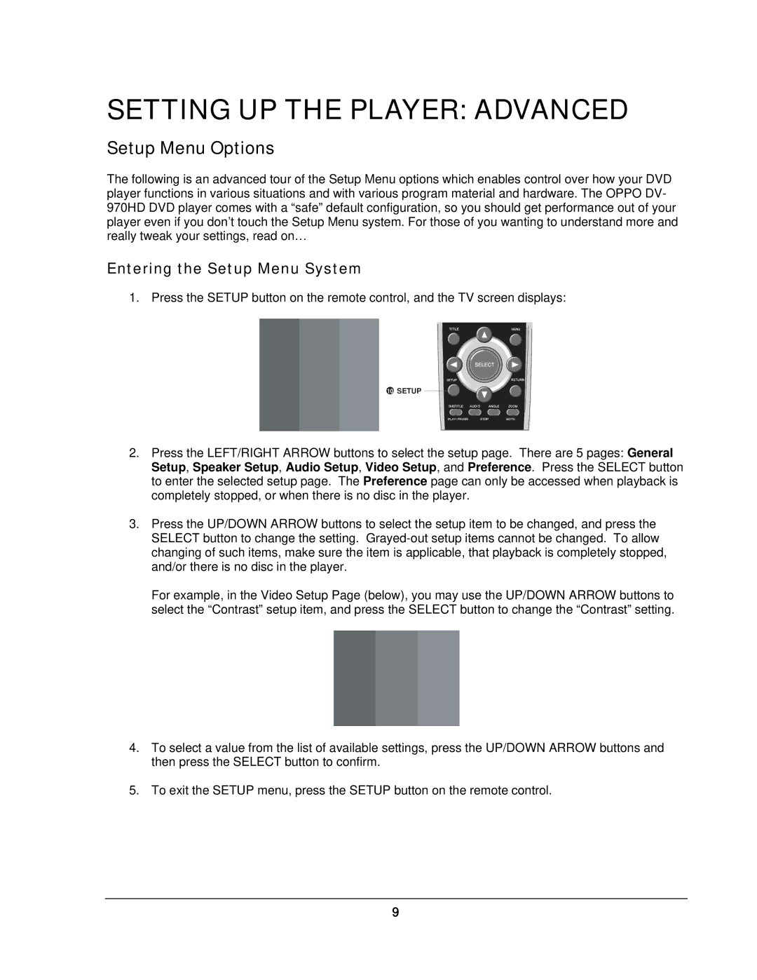 OPPO Digital DV-970HD setup guide Setting UP the Player Advanced, Setup Menu Options 