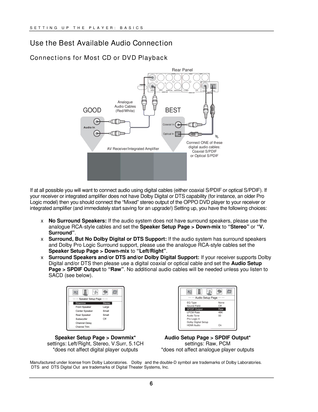 OPPO Digital DV-970HD setup guide Use the Best Available Audio Connection, Audio Setup Page Spdif Output 