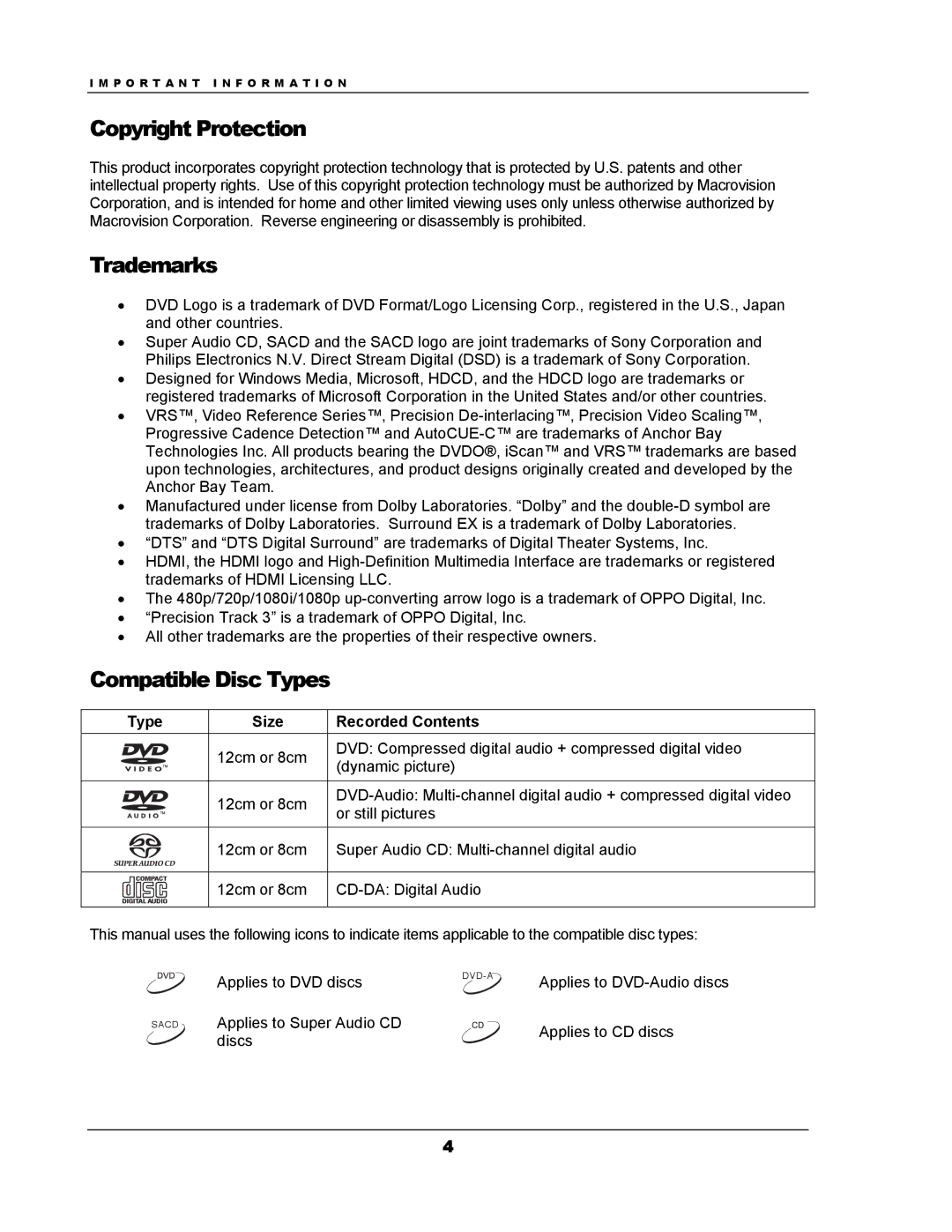 OPPO Digital DV-983H user manual Copyright Protection, Trademarks, Compatible Disc Types, Type Size Recorded Contents 