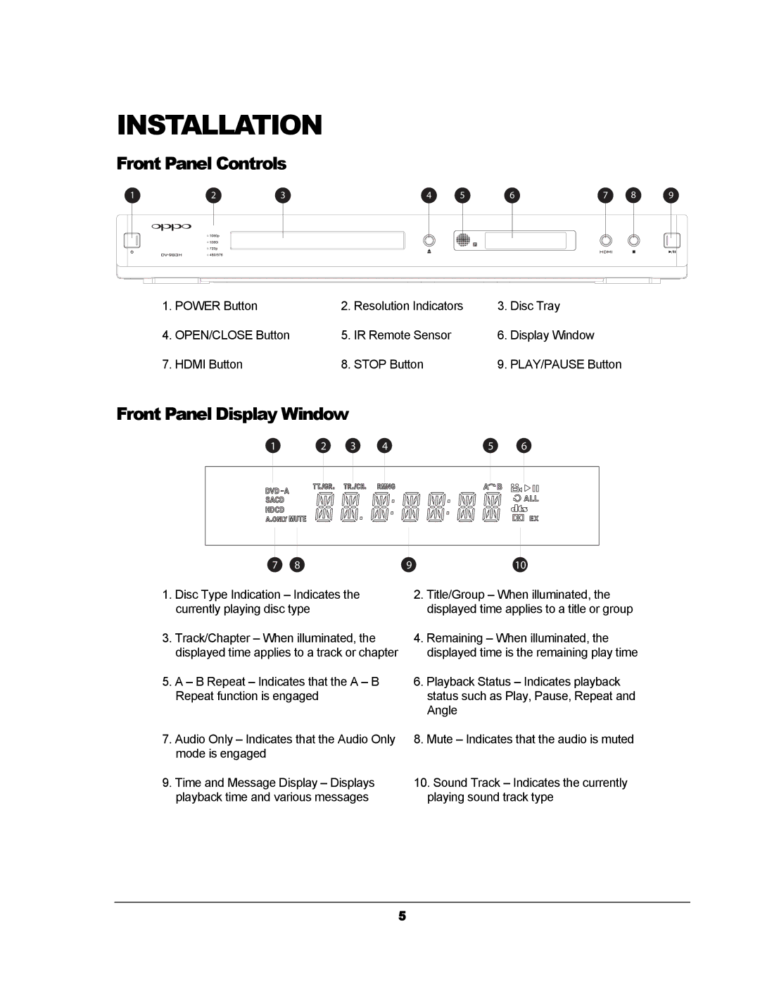 OPPO Digital DV-983H user manual Front Panel Controls, Front Panel Display Window 