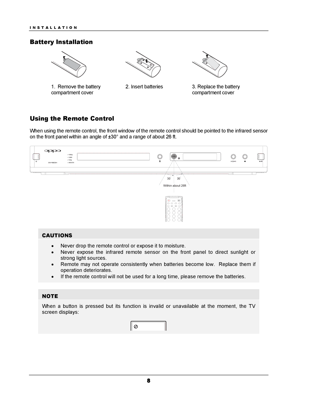 OPPO Digital DV-983H user manual Battery Installation, Using the Remote Control 