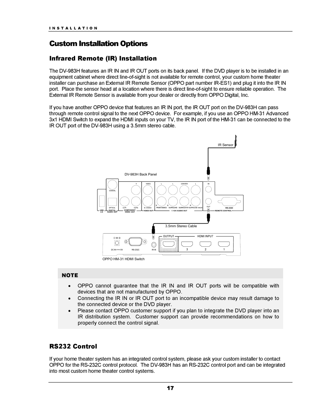 OPPO Digital DV-983H user manual Custom Installation Options, Infrared Remote IR Installation, RS232 Control 