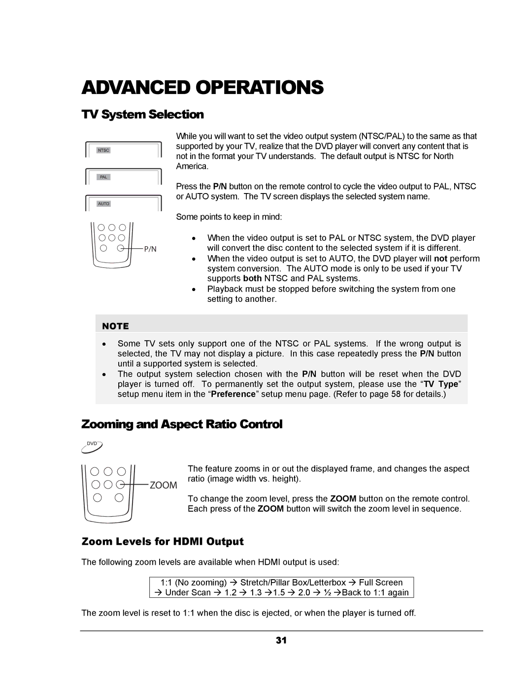 OPPO Digital DV-983H user manual TV System Selection, Zooming and Aspect Ratio Control, Zoom Levels for Hdmi Output 