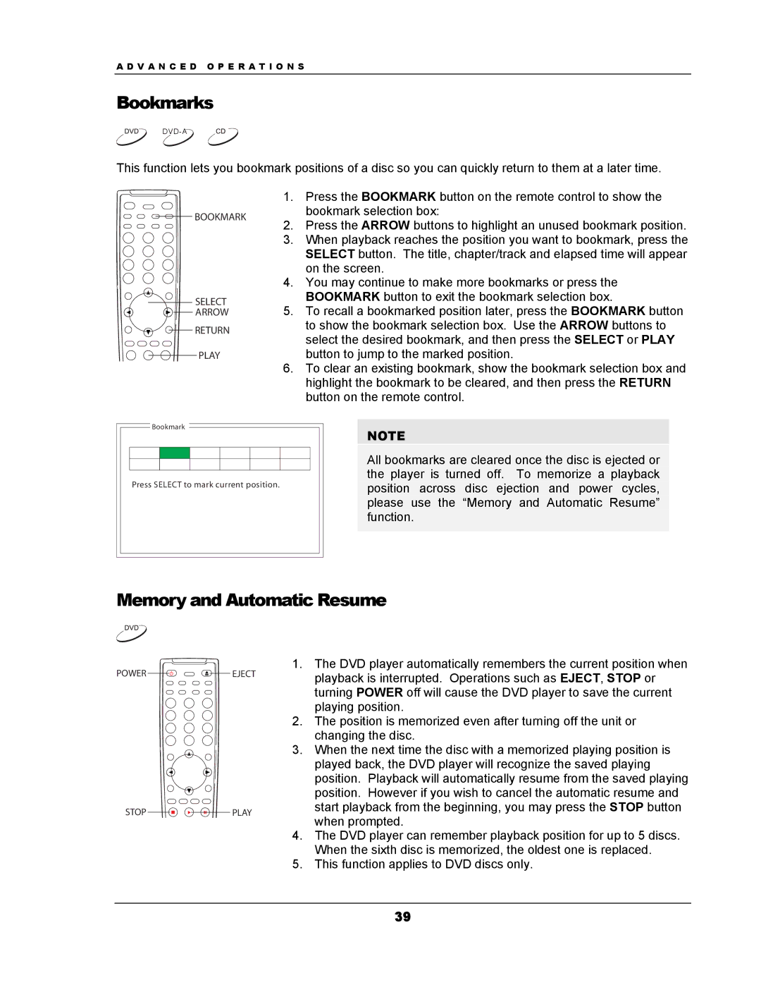 OPPO Digital DV-983H user manual Bookmarks, Memory and Automatic Resume 