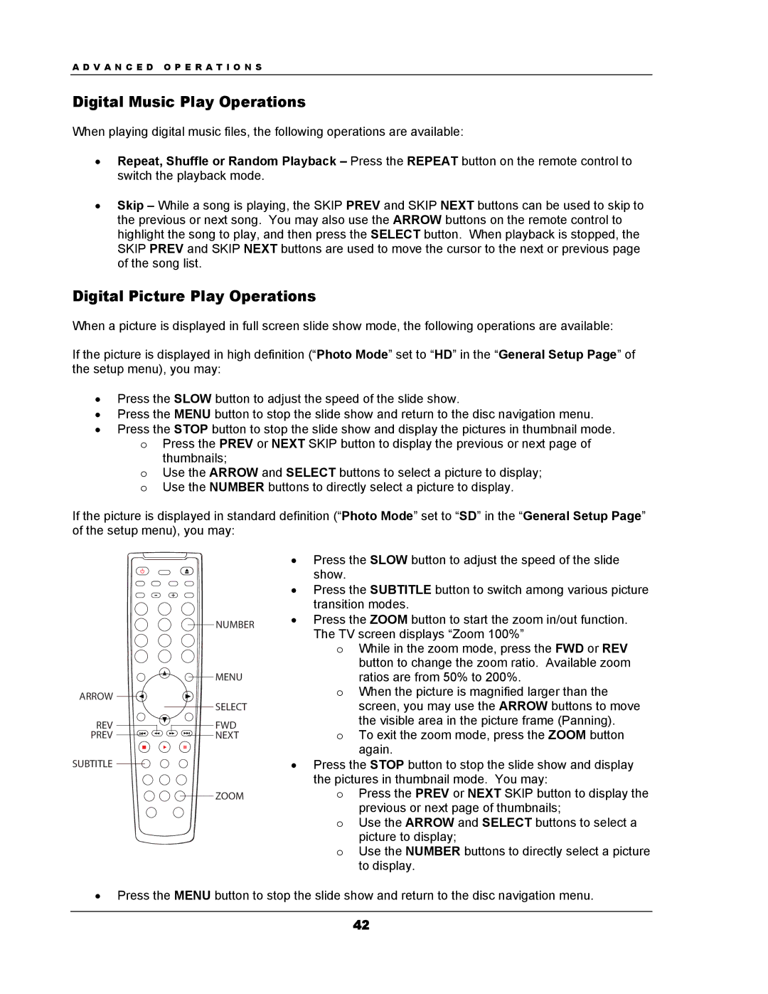 OPPO Digital DV-983H user manual Digital Music Play Operations, Digital Picture Play Operations 