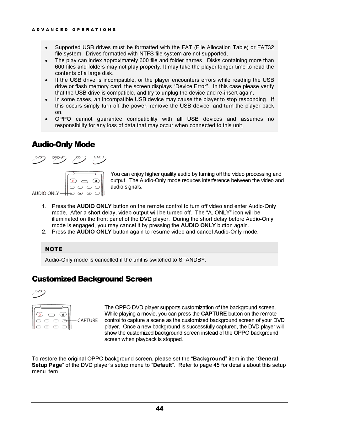 OPPO Digital DV-983H user manual Audio-Only Mode, Customized Background Screen 