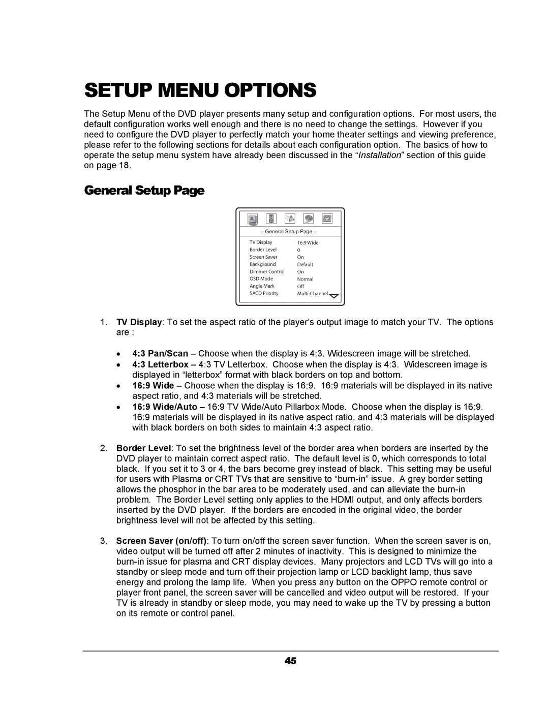 OPPO Digital DV-983H user manual Setup Menu Options, General Setup 