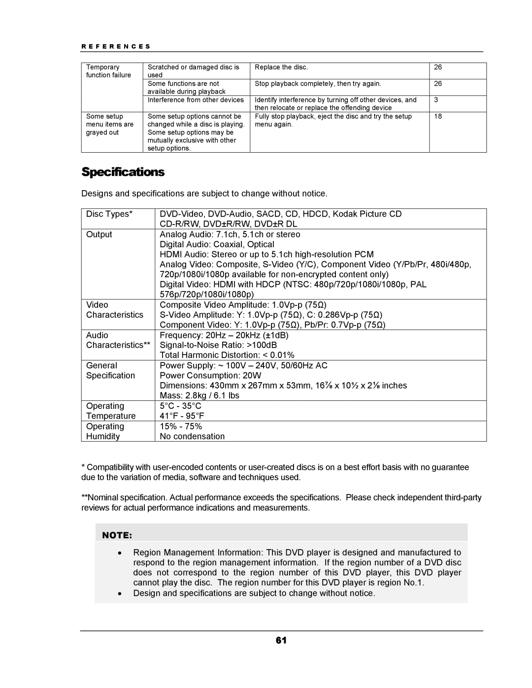 OPPO Digital DV-983H user manual Specifications 