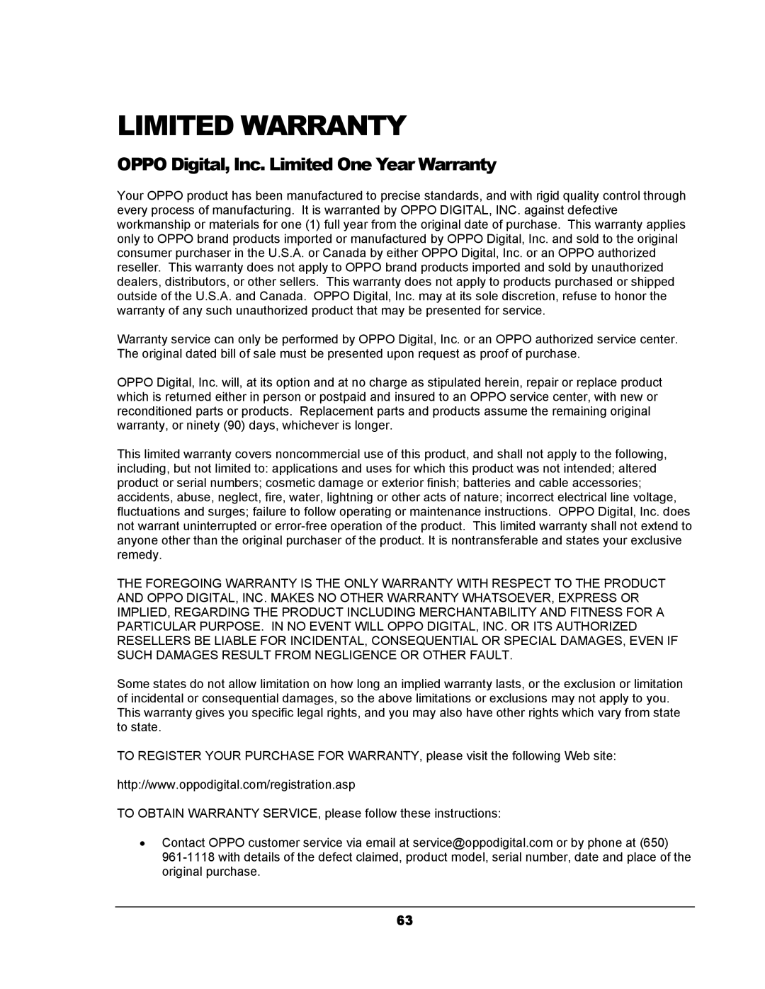 OPPO Digital DV-983H user manual Limited Warranty, Oppo Digital, Inc. Limited One Year Warranty 