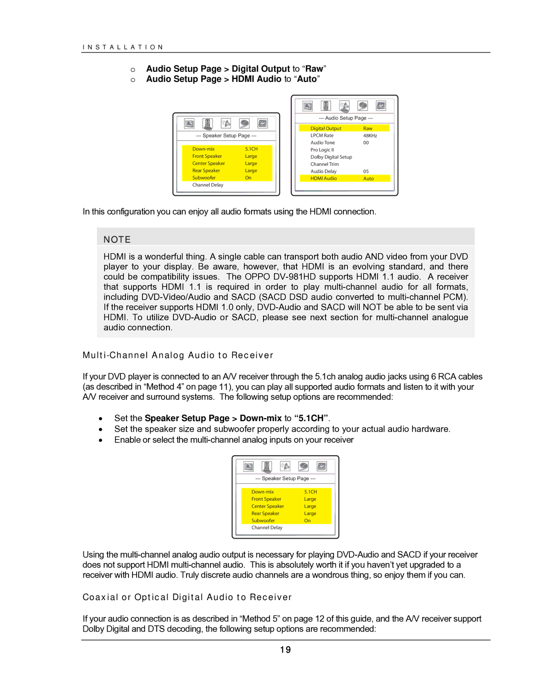 OPPO Digital DV-987HD user manual Multi-Channel Analog Audio to Receiver, Set the Speaker Setup Page Down-mix to 5.1CH 