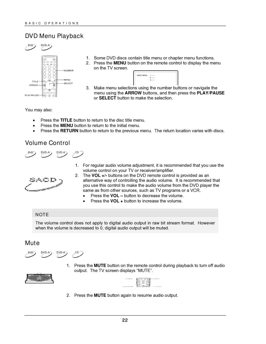 OPPO Digital DV-987HD user manual DVD Menu Playback, Volume Control, Mute 