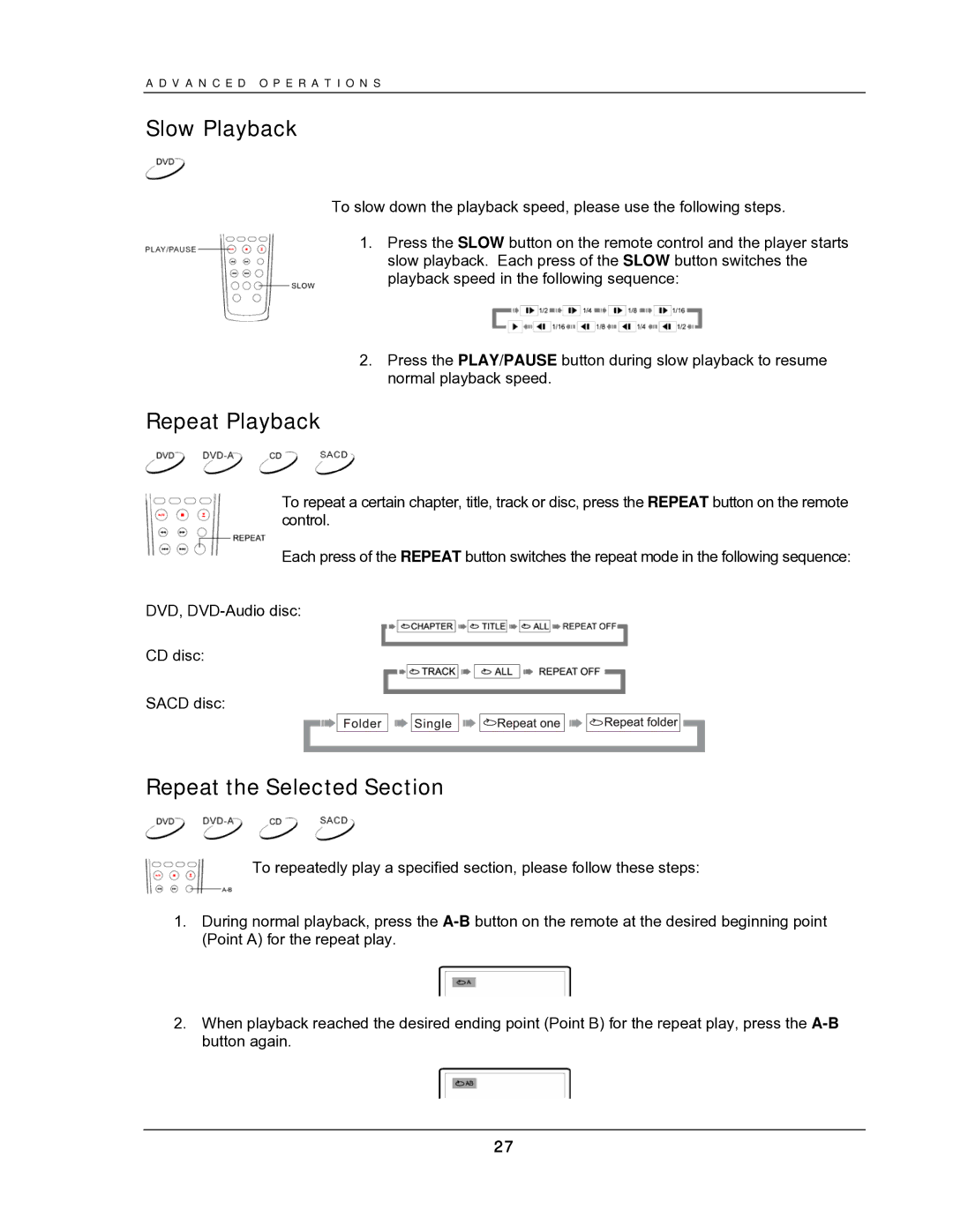 OPPO Digital DV-987HD user manual Slow Playback, Repeat Playback, Repeat the Selected Section 