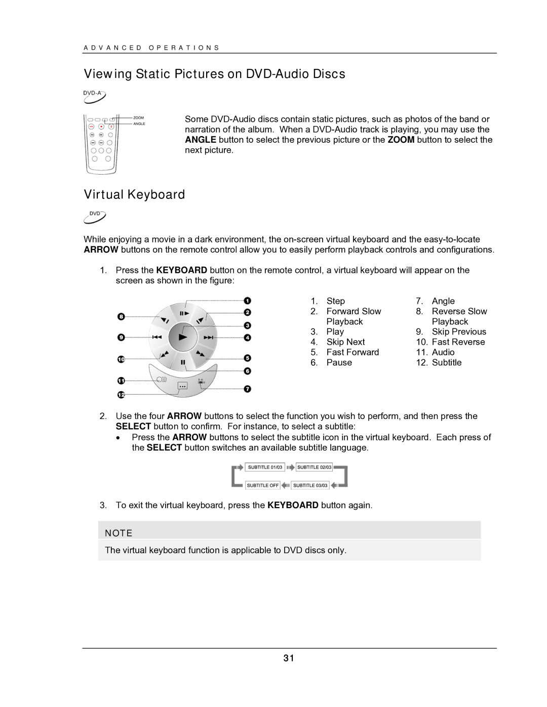 OPPO Digital DV-987HD user manual Viewing Static Pictures on DVD-Audio Discs, Virtual Keyboard 