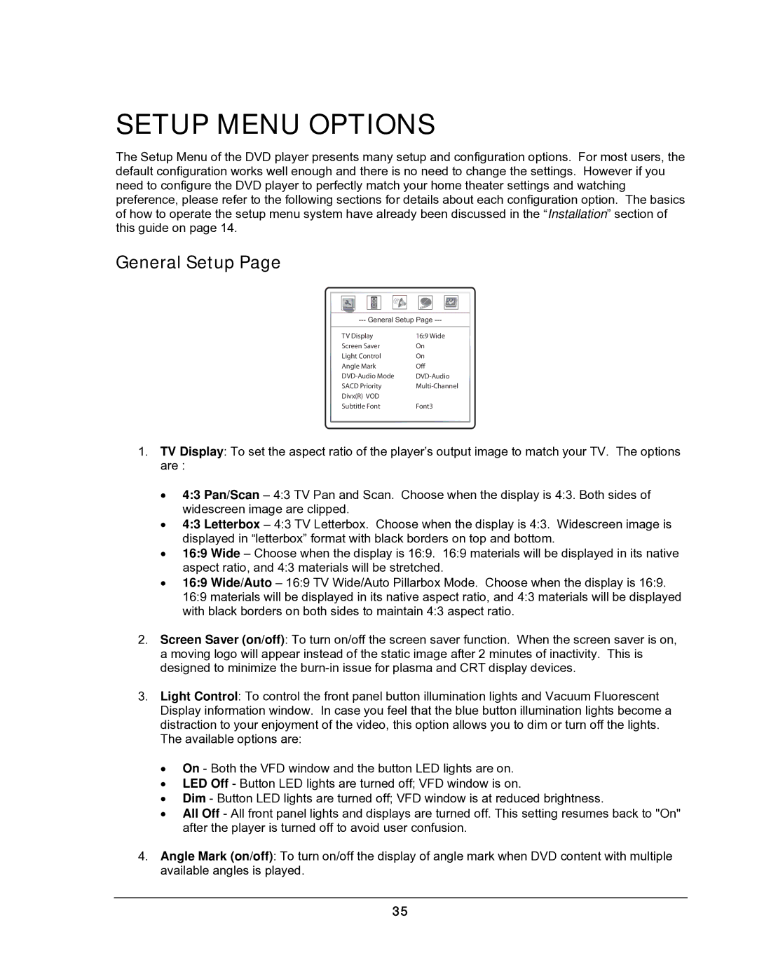 OPPO Digital DV-987HD user manual Setup Menu Options, General Setup 