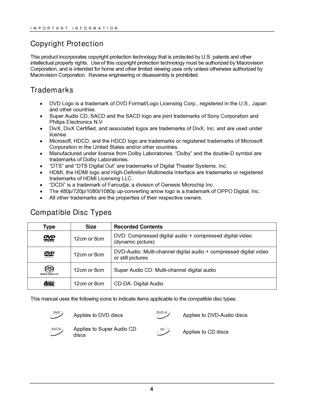 OPPO Digital DV-987HD user manual Copyright Protection, Trademarks, Compatible Disc Types, Type Size Recorded Contents 