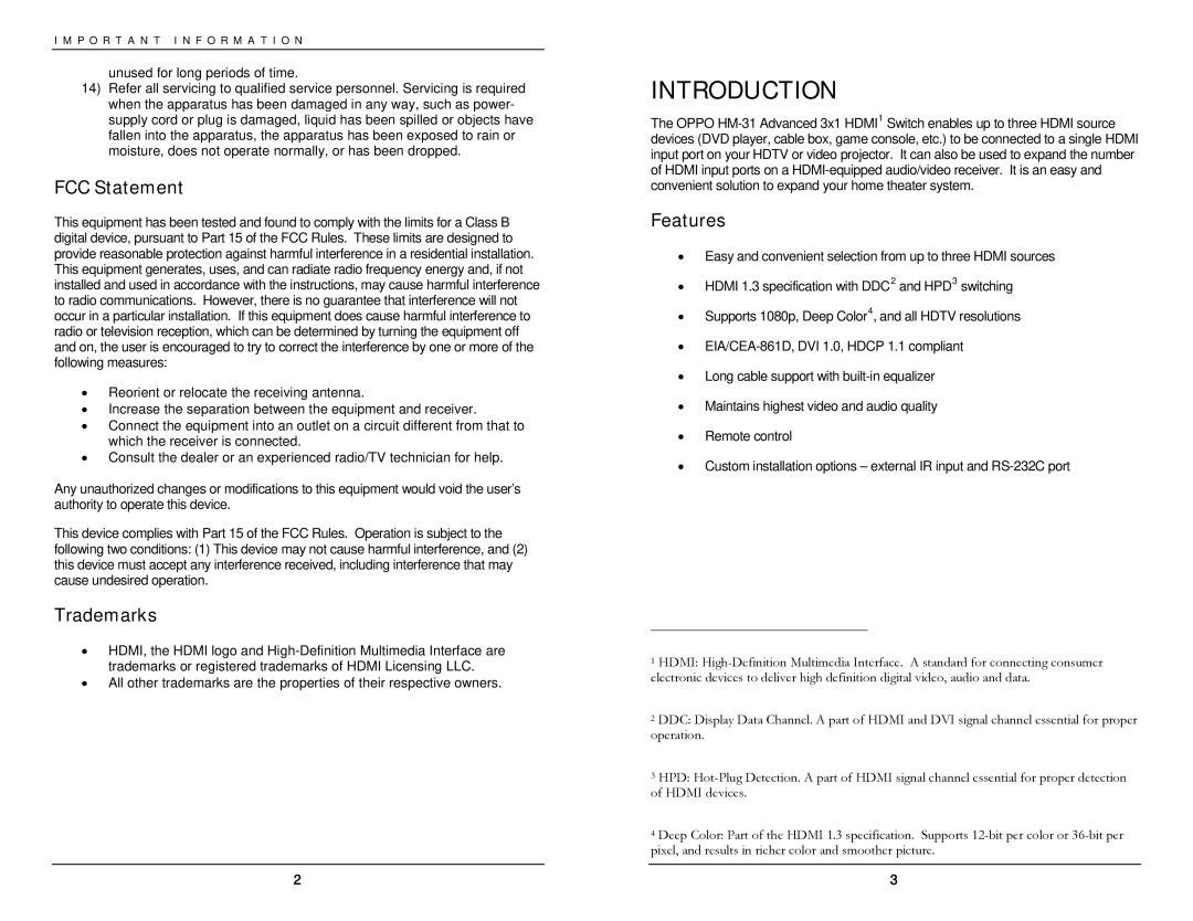 OPPO Digital HM-31 user manual Introduction, FCC Statement, Trademarks, Features 