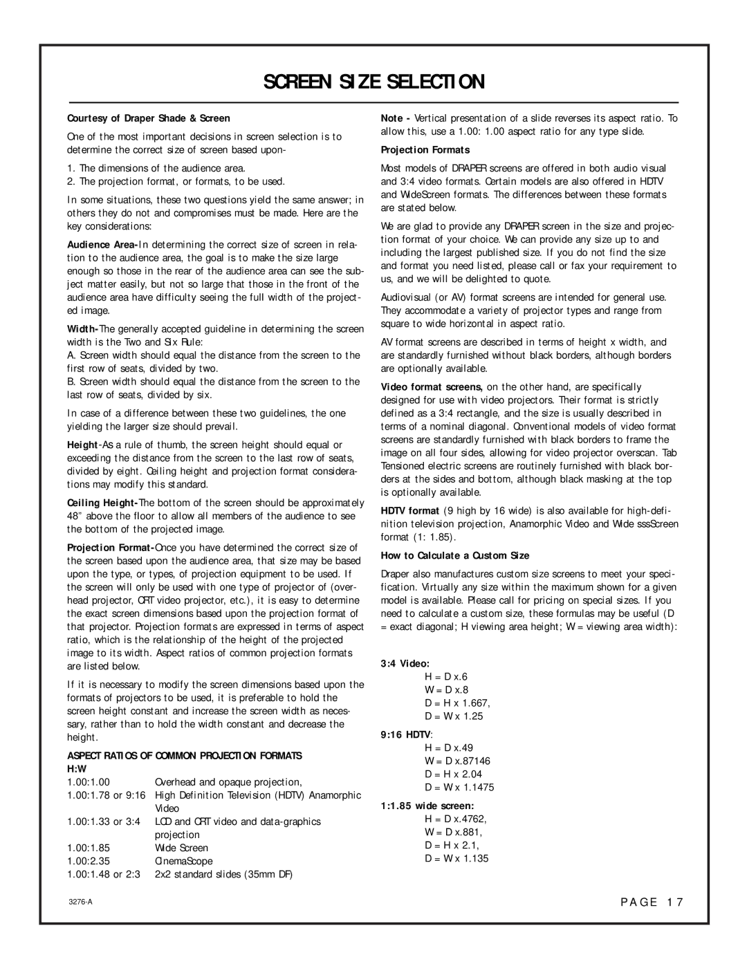 OPPO Digital Model PRO900X setup guide Screen Size Selection, Courtesy of Draper Shade & Screen 