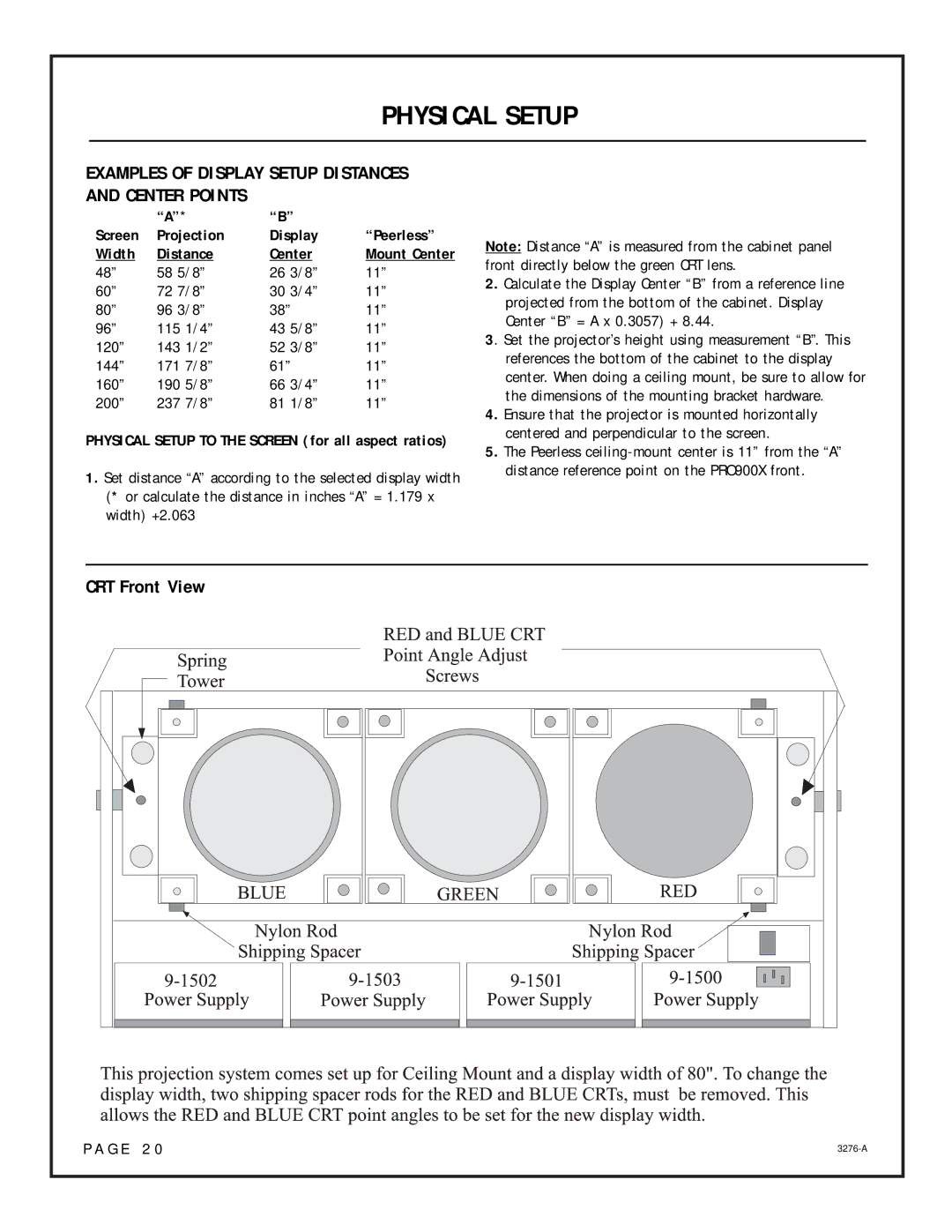 OPPO Digital Model PRO900X setup guide Physical Setup, Examples of Display Setup Distances and Center Points 