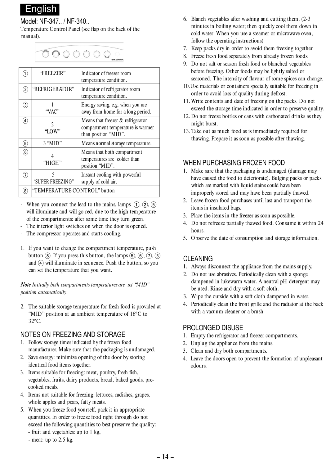 Opteka NF1-370, NF-347, NF1-350, NF-340 manual When Purchasing Frozen Food, Cleaning, Prolonged Disuse 