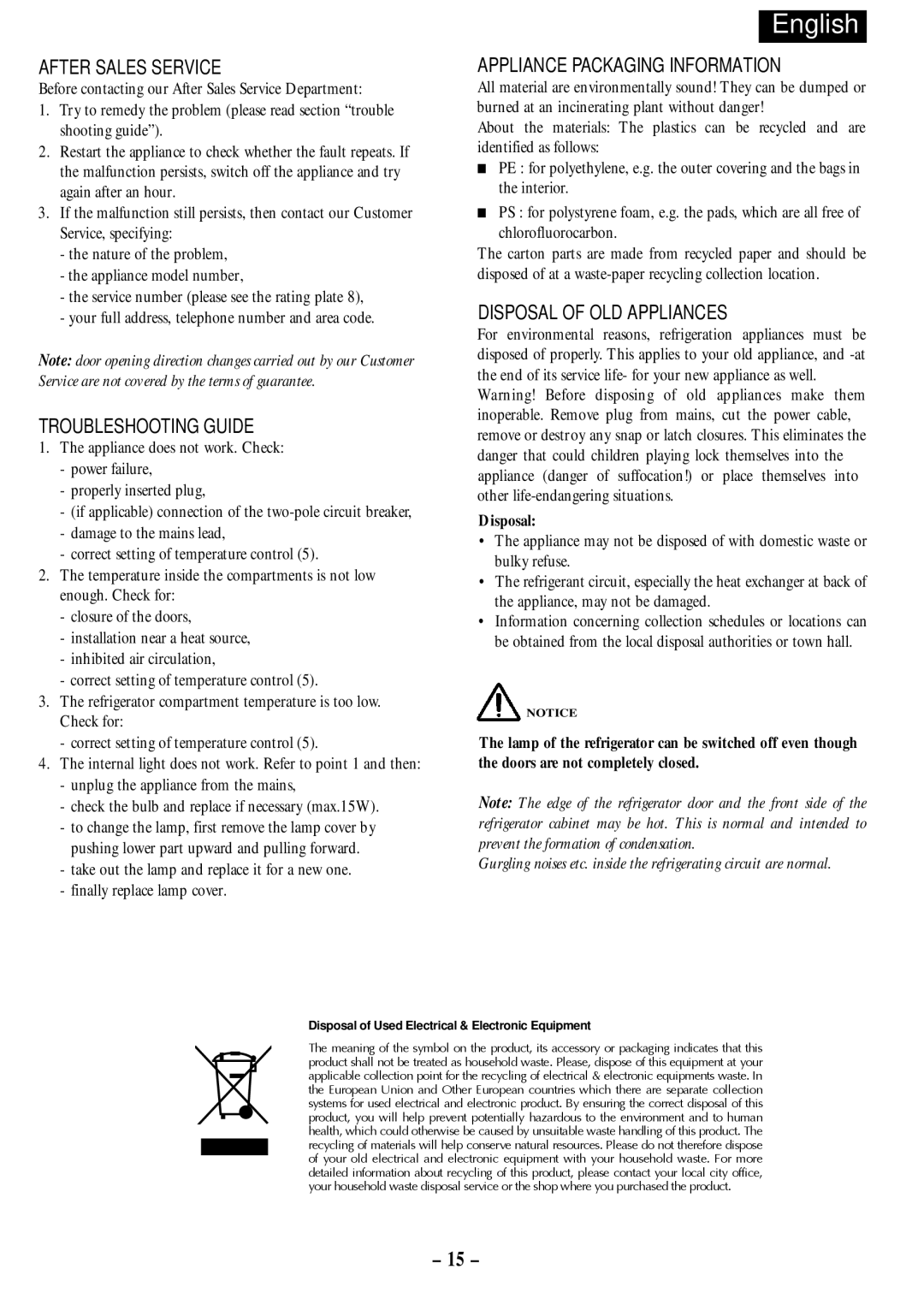 Opteka NF-347 After Sales Service, Troubleshooting Guide, Appliance Packaging Information, Disposal of OLD Appliances 