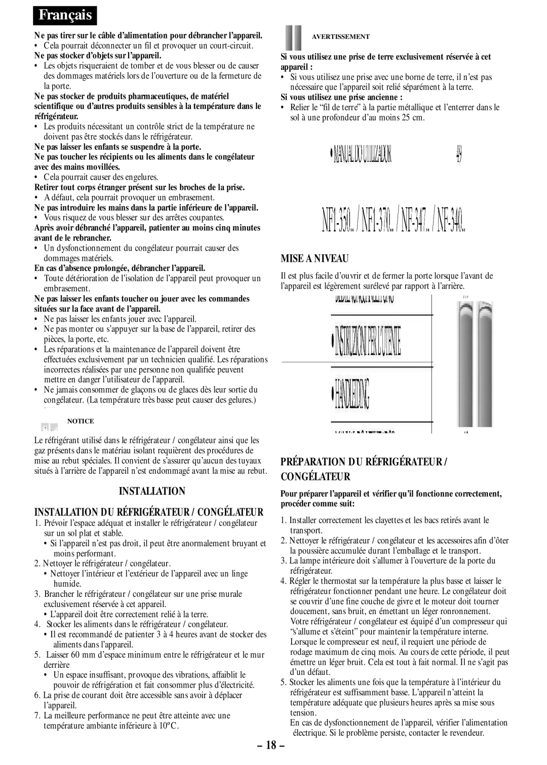 Opteka NF1-370, NF-347, NF1-350, NF-340 manual Mise a Niveau, Installation, Préparation DU Réfrigérateur Congélateur 