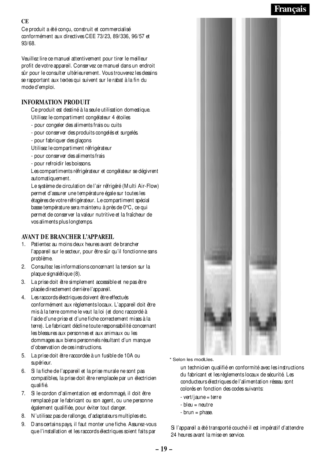 Opteka NF-347, NF1-370 Information Produit, Avant DE Brancher L’APPAREIL, Vert/jaune = terre Bleu = neutre Brun = phase 