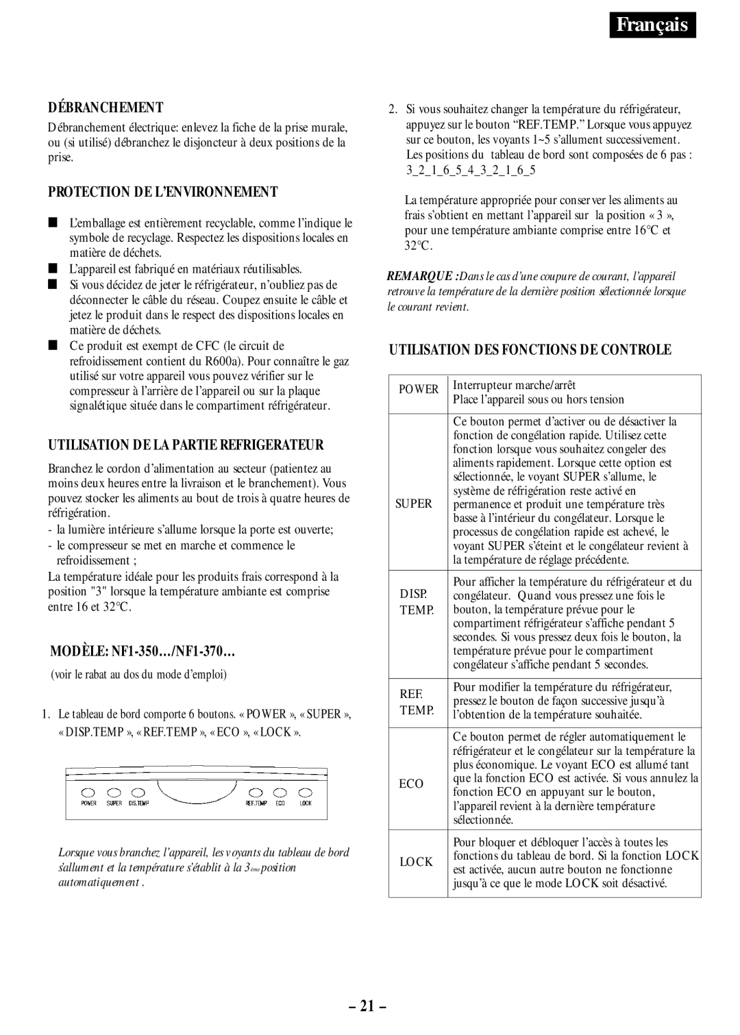 Opteka NF-340, NF1-370, NF-347, NF1-350 manual Débranchement, Protection DE L’ENVIRONNEMENT 