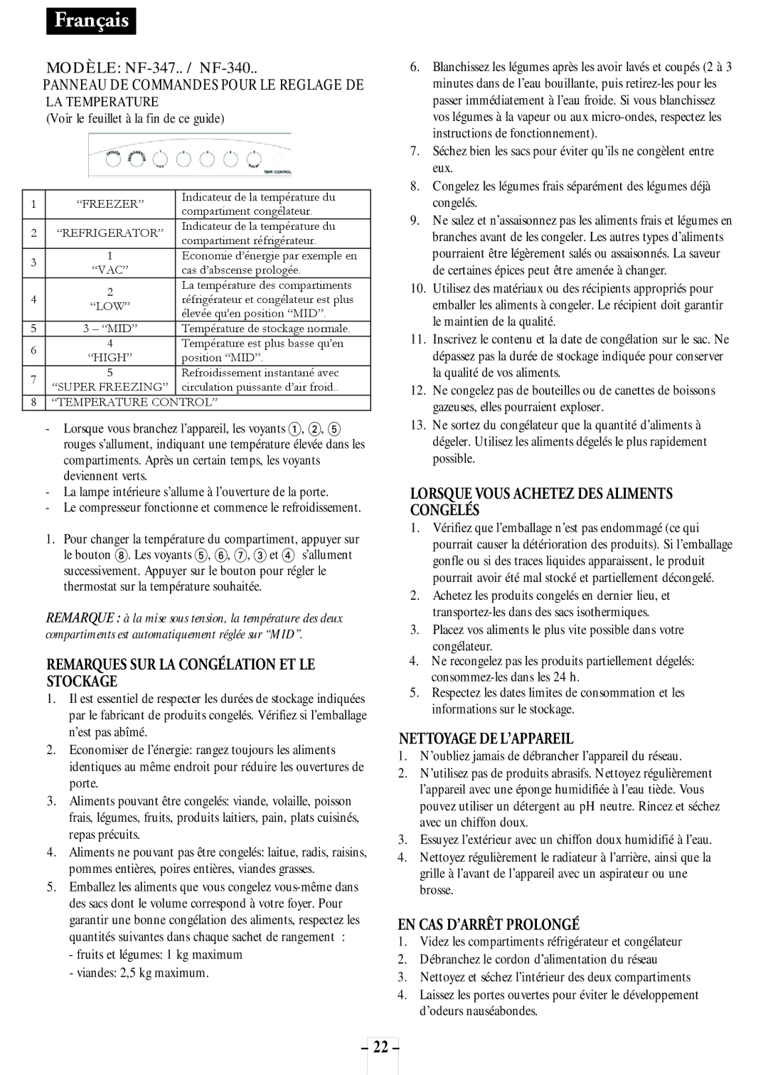 Opteka NF1-370, NF-347, NF1-350 Remarques SUR LA Congélation ET LE Stockage, Lorsque Vous Achetez DES Aliments Congelés 