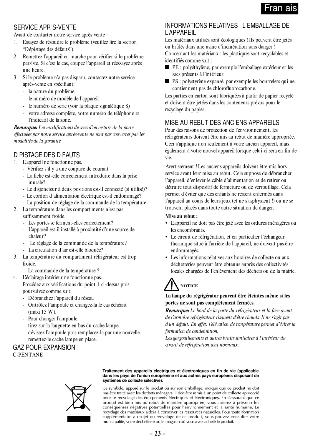 Opteka NF-347, NF1-370 Service APRÈS-VENTE, Dépistage DES Défauts, GAZ Pour Expansion, Mise AU Rebut DES Anciens Appareils 