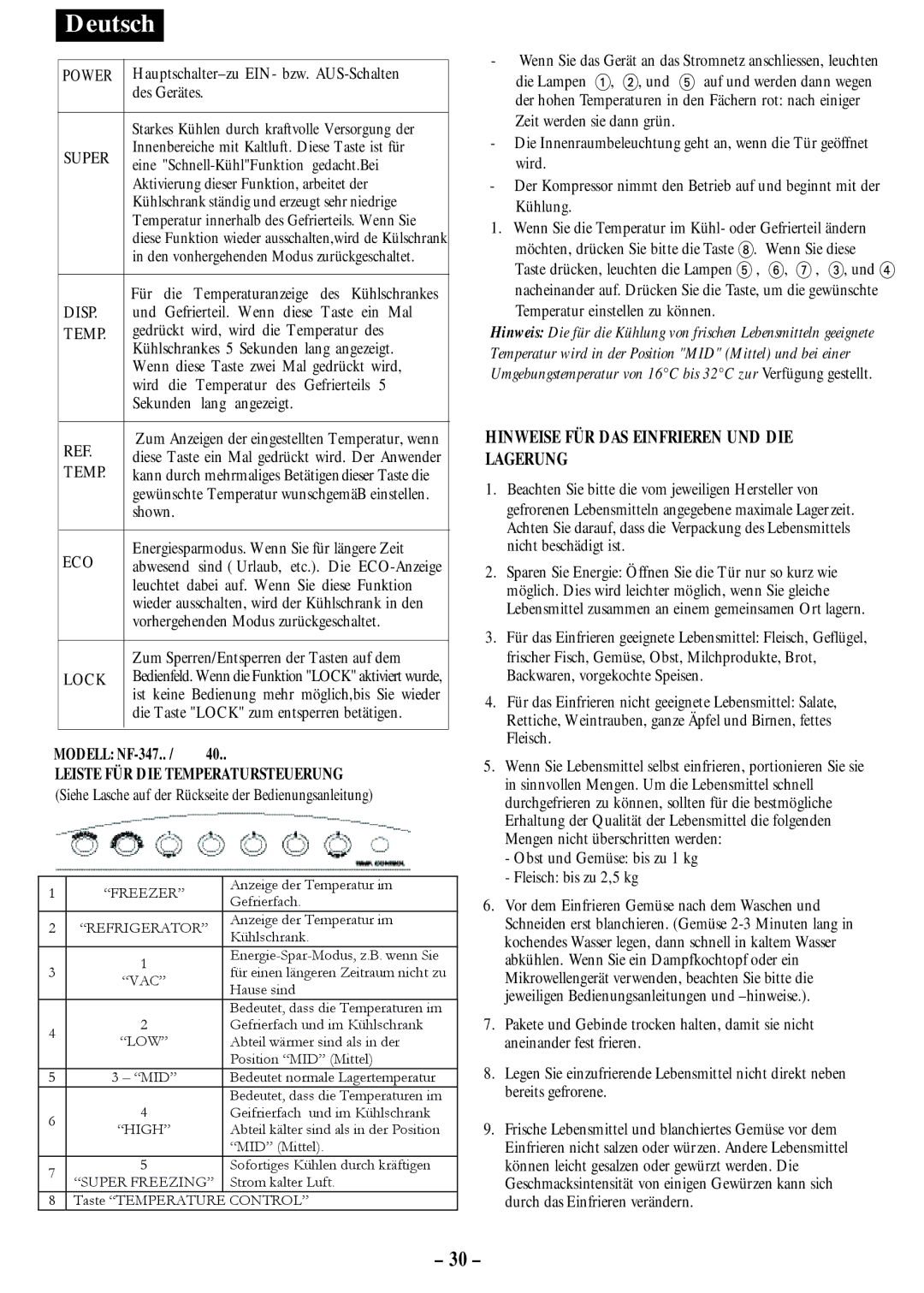 Opteka NF1-370, NF-347, NF1-350, NF-340 manual Hinweise FÜR DAS Einfrieren UND DIE Lagerung, Zeit werden sie dann grün 