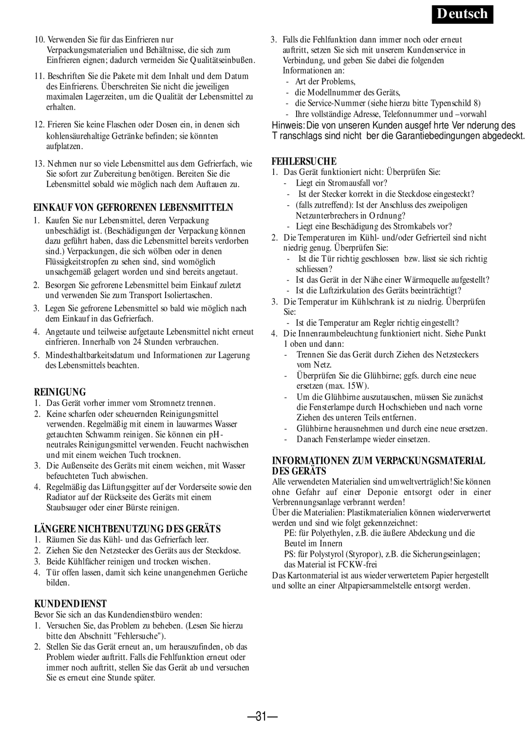 Opteka NF-347, NF1-370, NF1-350, NF-340 manual Reinigung, Längere Nichtbenutzung DES Geräts, Kundendienst, Fehlersuche 