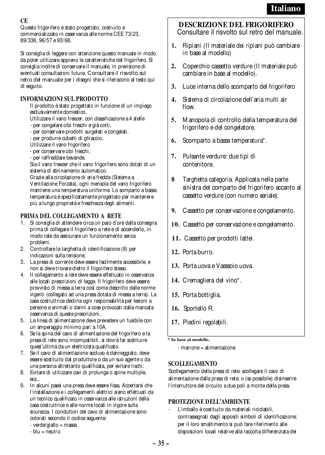 Opteka NF-347, NF-340 Descrizione DEL Frigorifero, Informazioni SUL Prodotto, Prima DEL Collegamento a Rete, Scollegamento 