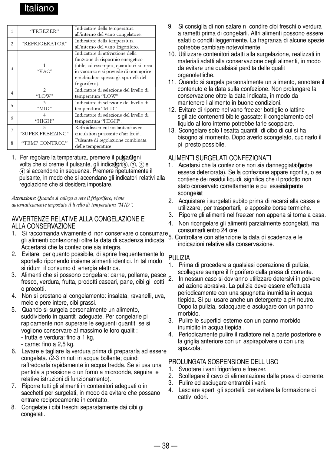 Opteka NF1-370, NF-347, NF1-350, NF-340 manual Alimenti Surgelati Confezionati, Pulizia, Prolungata Sospensione DELL’USO 