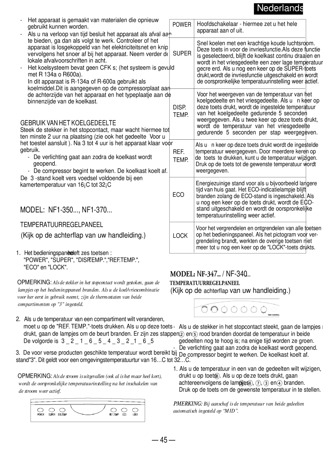 Opteka NF-340, NF1-370, NF-347, NF1-350 manual Gebruik VAN HET Koelgedeelte, Temperatuurregelpaneel 