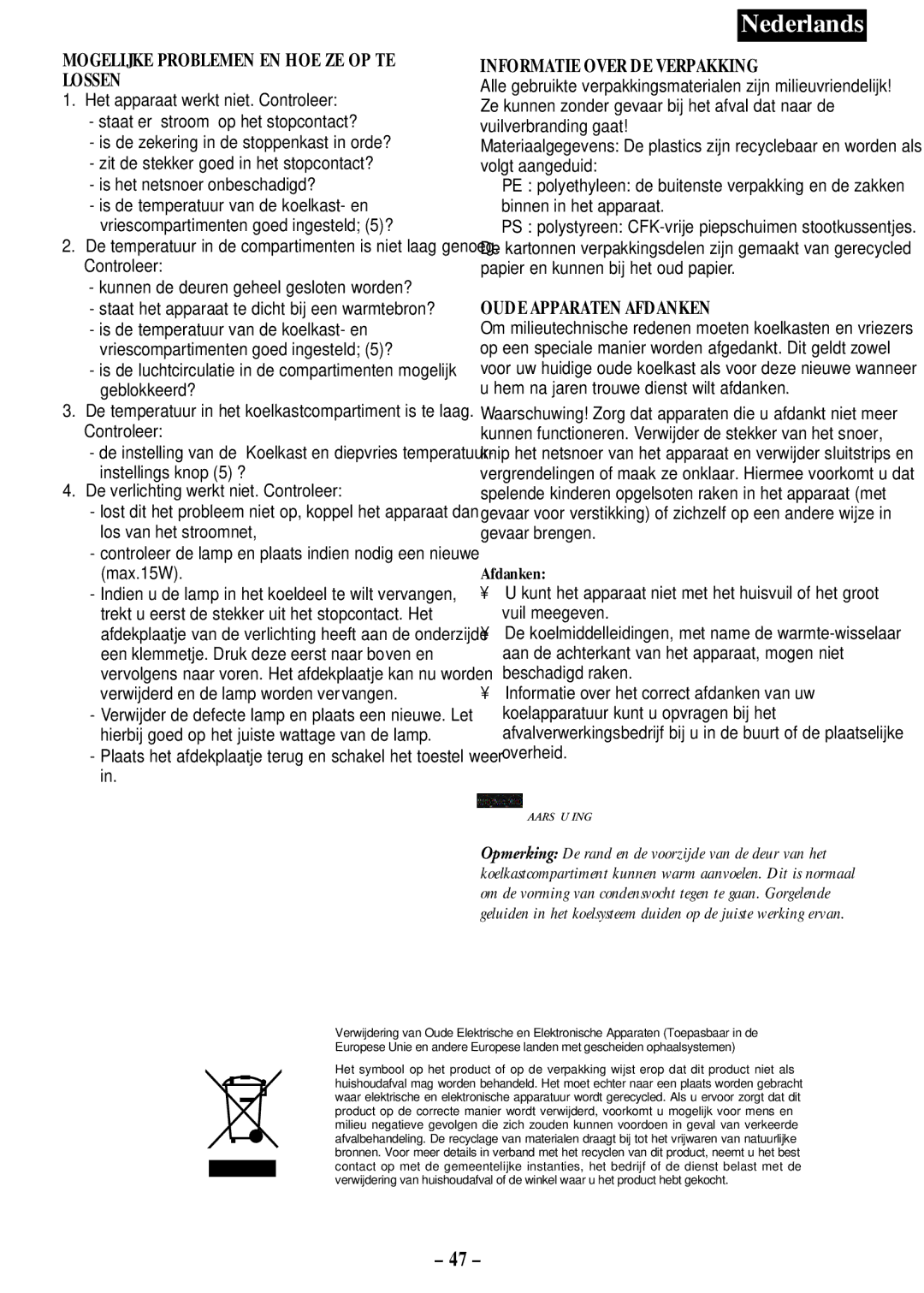 Opteka NF-347, NF1-370 Mogelijke Problemen EN HOE ZE OP TE Lossen, Informatie Over DE Verpakking, Oude Apparaten Afdanken 