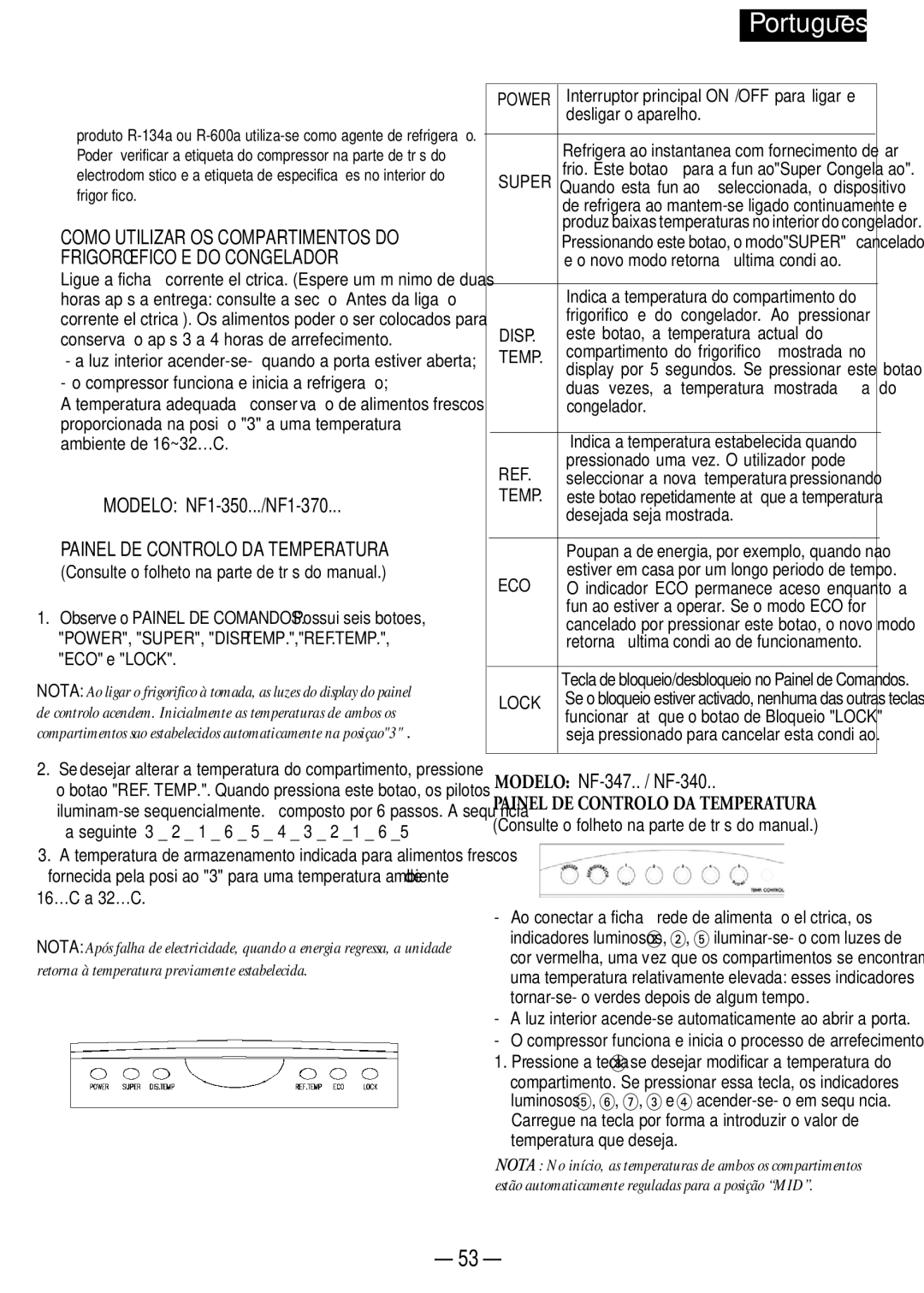 Opteka NF-340, NF1-370, NF-347, NF1-350 manual Painel DE Controlo DA Temperatura 